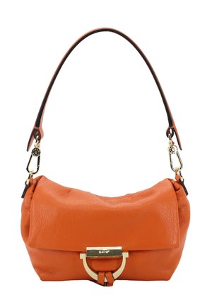 Orange leather shoulder bag with gold-tone clasp and hardware, featuring a single strap and a soft, slouchy design.