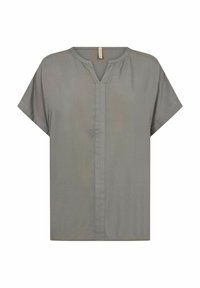 Grå kortærmet bluse lavet af glat stof, der har en V-udskæring og minimalistisk design, med lige skæring og subtil glans.