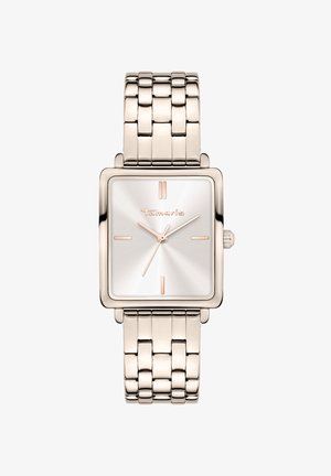 Montre en métal argenté carré avec une finition brossée, accents en or rose et bracelet à maillons. Comprend de simples marqueurs d'heure et une couronne.