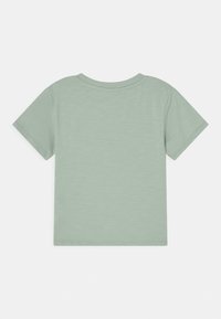 Jasnozielona bawełniana koszulka z krótkim rękawem, pokazana z tyłu, z okrągłym dekoltem i prostymi detalami szycia.