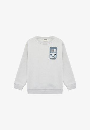 Grauer Pullover aus Baumwolle mit einem bedruckten Game Boy-Design, das einen Charakter und den Text "DRÜCKEN ZUM STARTEN DES ABENTEUERS" zeigt. Rundhalskragen.
