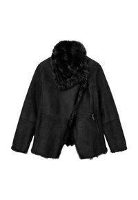 Giacca in suede nera con colletto in pelliccia sintetica, design con apertura frontale e finitura strutturata. Le maniche sono lunghe, con bordi grezzi.