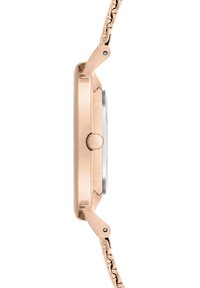 Roségoldene Armbanduhr mit dünnem Profil, detailliertem Gliederarmband, strukturiertem Gehäuse und einer auffälligen Krone an der Seite.