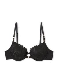 Czarny stanik z falbankowym, teksturowanym koronkowym wykończeniem, wypełnionymi miseczkami, regulowanymi ramiączkami oraz dekoracyjnymi złotymi akcentami.