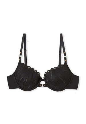 Schwarzer BH mit gewelltem, strukturiertem Spitzen-Detail, gepolsterten Schalen, verstellbaren Trägern und dekorativen goldfarbenen Hardware-Elementen.