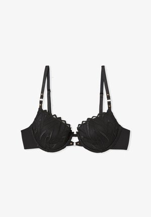 Schwarzer BH mit gewelltem, strukturiertem Spitzen-Detail, gepolsterten Schalen, verstellbaren Trägern und dekorativen goldfarbenen Hardware-Elementen.