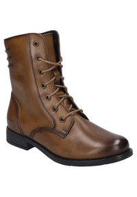 Braune Lederstiefelette mit glatter Oberfläche, abgerundeter Spitze, Schnürdesign und Metallösen. Gummisohle mit leichtem Absatz.