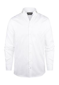 Witte blouse met een klassieke kraag, lange mouwen en een gladde textuur. Voorzien van een knoopsluiting aan de voorkant en een zak aan de linkerkant.
