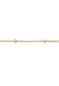 Gold chain bracelet with twisted design and round bead accents. Features a smooth texture, reflecting light, with a delicate appearance.