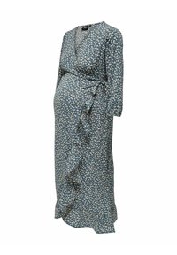Robe de maternité portefeuille bleue à motifs floraux, manches longues et détail volanté le long du devant et de l'ourlet sur fond blanc.