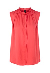Coral sleeveless blouse with a ruffled neckline, front button closure, and soft texture; features subtle gathering at the shoulders.