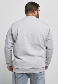 Grå sweatshirt med rund hals, ribbede mansjetter og kant. Har en jevn tekstur og sy-detaler, båret over blå jeans.