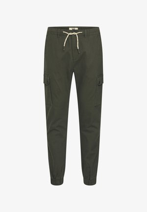 Zöld cargo nadrág állítható derékkal, rugalmas mandzsettákkal és két oldal zsebbel. Tartós anyagból készült, alkalmas mindennapi viseletre.