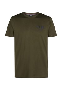 Olivenfarbiges T-Shirt mit kurzen Ärmeln aus Baumwolle, mit Rundhalsausschnitt. Auf der Vorderseite ist das "PTRL"-Logo in Navy-Blau abgebildet. Glatte Textur.