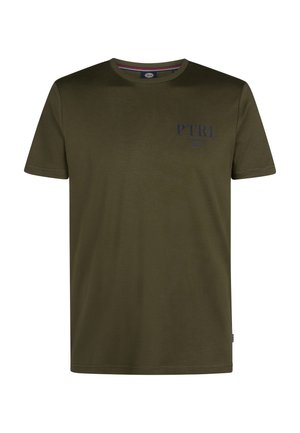 Tricou scurt cu mânecă, de culoare verde măslin, realizat din bumbac, cu gât rotund. Pe față se află logo-ul "PTRL" în culoare bleu marin. Textură netedă.