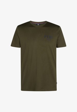 Oliwkowa koszulka z krótkim rękawem z bawełny, z okrągłym dekoltem. Z przodu znajduje się logo "PTRL" w granatowym kolorze. Gładka tekstura.