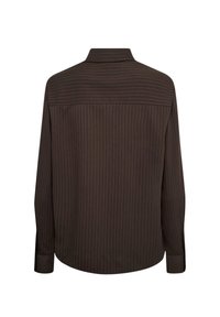 Chemise marron foncé à manches longues avec fines rayures verticales et horizontales, col et poignets boutonnés, vue de dos.