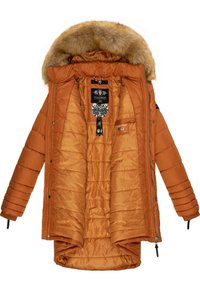 Oranje pufferjack met een faux fur capuchon, ribgebreide manchetten en een gewatteerde binnenvoering. Beschikt over een ritsluiting en details van binnenzakken.