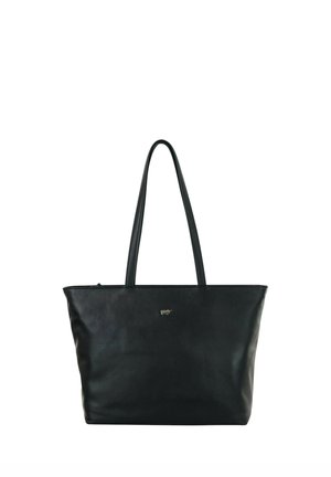 Schwarze Ledertasche mit zwei langen Griffen und einem kleinen silbernen, tierförmigen Logo in der vorderen Mitte.