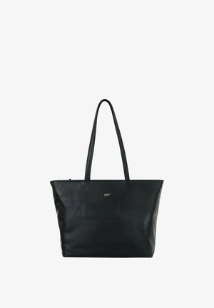 Borsa tote in pelle nera con due manici lunghi e un piccolo logo argentato a forma di animale al centro frontale.