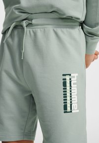 Gröna bomulls sportshorts med elastisk midjeresår, dragsko och en vit grafisk logotyp på vänstra sidan.