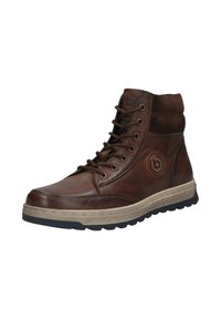 Braune Leder-Hochschaft-Sneaker mit strukturiertem Finish, runder Zehenpartie, Schnürdesign und kontrastierender sandfarbener Sohle. Mit Logo-Detail an der Seite.