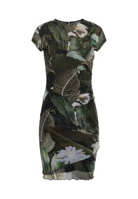 Robe courte ajustée avec un imprimé vert feuillu foncé, ornée d'accents floraux blancs et de fronces subtiles. Fabriquée en tissu léger et lisse.