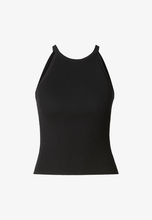 Fekete bordás kötött ujjatlan halter top magas nyakkivágással és testhez simuló szabással.