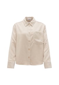 Beige corduroy button-up shirt with a collar, long sleeves, single chest pocket, and subtle vertical stripes. Soft texture and relaxed fit.