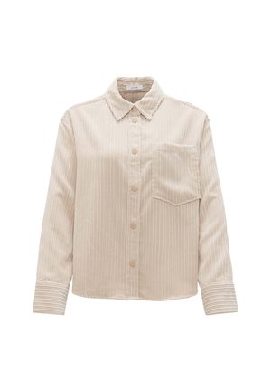 Beige corduroy button-up shirt with a collar, long sleeves, single chest pocket, and subtle vertical stripes. Soft texture and relaxed fit.
