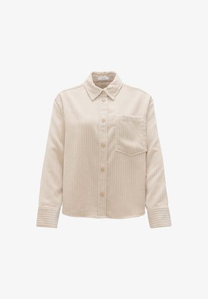 Beige corduroy button-up shirt with a collar, long sleeves, single chest pocket, and subtle vertical stripes. Soft texture and relaxed fit.