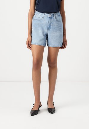 Light blue denim shorts with a straight cut, featuring a button and zipper closure, front pockets, and a hem that reaches mid-thigh.