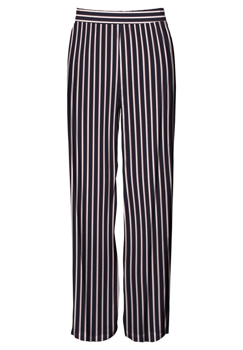 Pantalon bleu marine avec des rayures verticales blanches et rose clair, coupe droite, et une large ceinture avec des rayures horizontales assorties.