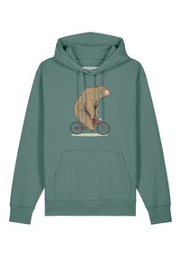 Mintgroene hoodie met een vooropstaande afbeelding van een bruine beer die op een rode fiets rijdt, met een verstelbare capuchon en een kangoeroezak.