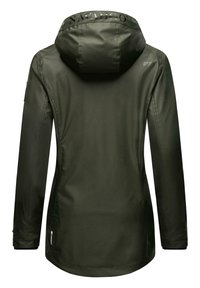 Olive green waterproof jacket with a hood, featuring a matte finish, logo accents on the collar, and a curved hem design.