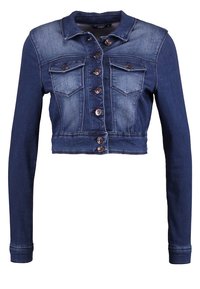 Jeansjacka med en kortad design, mörkblå färg, långa ärmar, fyra framfickor och bronseknappar. Slät textur.