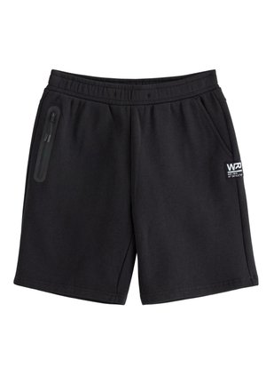 Sorte afslappede shorts med elastik i taljen, to sidelommer, en lynlåslomme på venstre side og et lille hvidt logo på højre ben.
