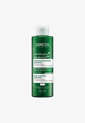 Grüne Plastikflasche des Dercos Deep Purifying Shampoos mit weißem Flip-Top-Deckel. Das Etikett zeigt weißen Text und grüne Akzente; enthält Salicylsäure.