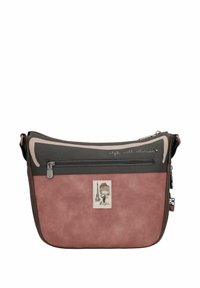 Borsa a tracolla sintetica color rosa con una parte superiore grigio scuro, tasca anteriore con cerniera e toppa con disegno di una ragazza dei cartoni animati. Presenta una texture liscia e un design curvo.