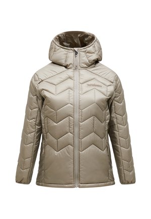 Giacca a vento beige con cappuccio, caratterizzata da un motivo a zig zag e una cerniera frontale. Realizzata in materiale lucido e isolante.