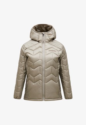 Beige Daunenjacke mit Kapuze, die ein Zickzackmuster aufweist und einen Reißverschluss auf der Vorderseite hat. Hergestellt aus glänzendem, isoliertem Material.