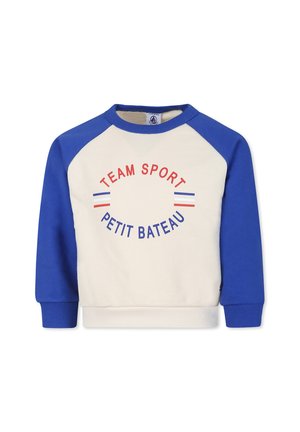 Maglione blu e crema con maniche raglan, caratterizzato dalla stampa in rosso e blu "TEAM SPORT PETIT BATEAU", tessuto testurizzato e polsini a costine.