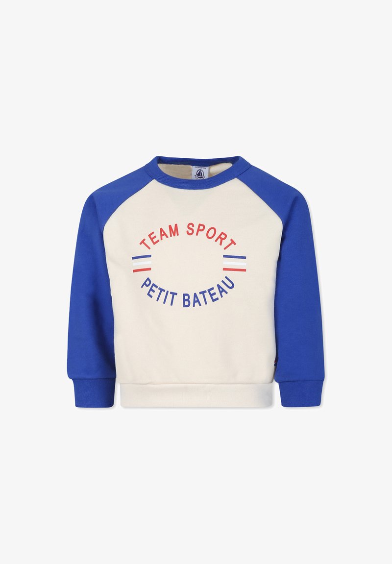 Maglione blu e crema con maniche raglan, caratterizzato dalla stampa in rosso e blu "TEAM SPORT PETIT BATEAU", tessuto testurizzato e polsini a costine.