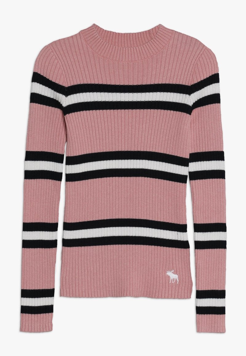 Maglione rosa a coste con strisce orizzontali in nero e bianco, scollatura rotonda e un piccolo dettaglio di alce ricamato all'orlo.