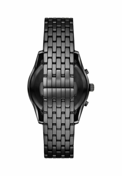 Schwarze Metall-Gliederarmbanduhr von hinten gesehen, mit detailliertem Verschluss und seitlichen Knöpfen am Uhrengehäuse.