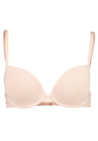Soutien-gorge en beige rembourré avec bretelles réglables, texture lisse, soutien par armatures et design sans coutures. Fermeture à l'arrière.