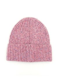 Knitted beanie in a pink and purple marled pattern. Ribbed texture with a rolled cuff. Soft knit material for warmth.