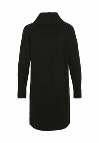 Black knitted sweater dress with a high ribbed collar, long sleeves, and ribbed cuffs. Smooth texture, hip-length design.