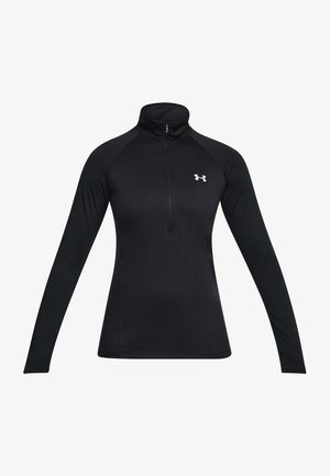 Sort atletisk top med lange ærmer, kvart lynlås og høj krave, med et lille hvidt Under Armour-logo på venstre bryst.
