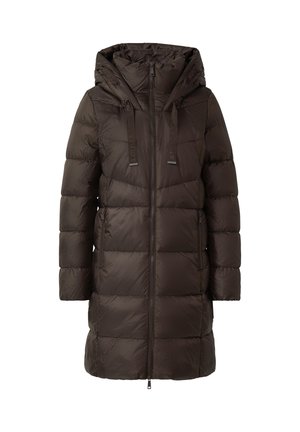 Brązowa kurtka puchowa z kapturem, z suwakiem z przodu, dwiema bocznymi kieszeniami i regulowanymi sznureczkami. Gładka, błyszcząca textura z pikowanym wzorem.